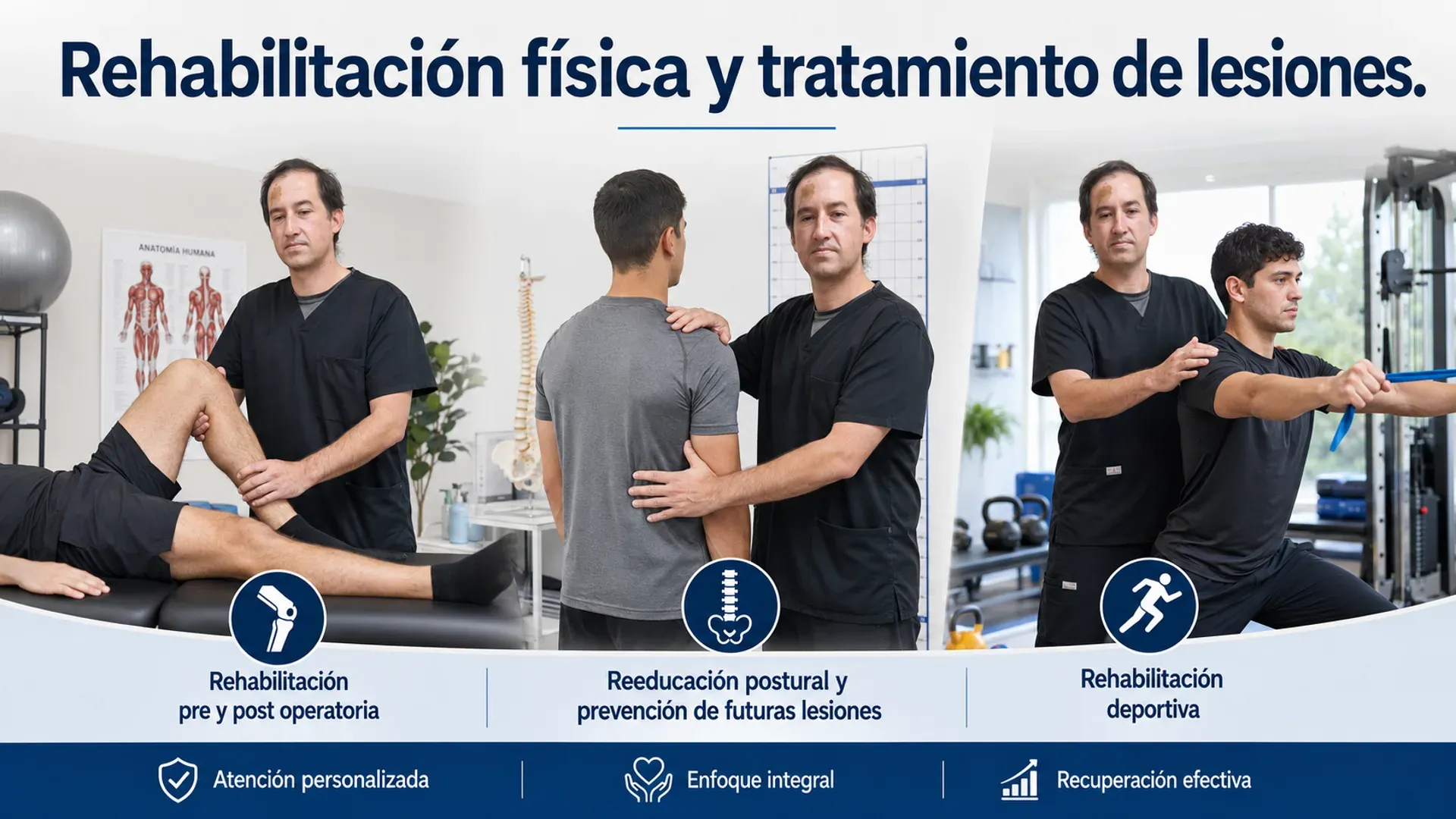 Kinesiólogo evaluando la movilidad de la rodilla de un paciente